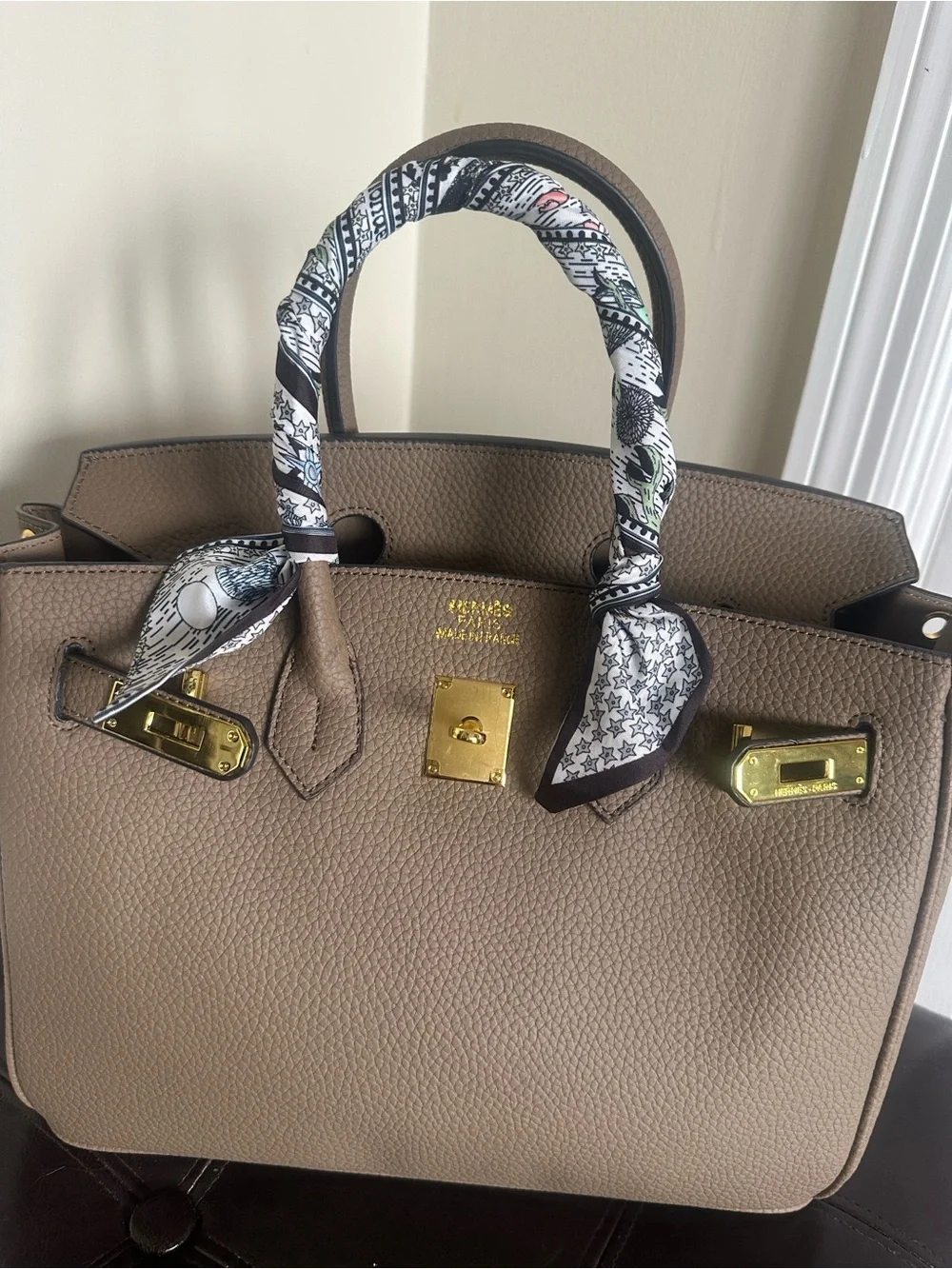 Taupe Leather Top-Handle Women’s Bag with Gold Hardware